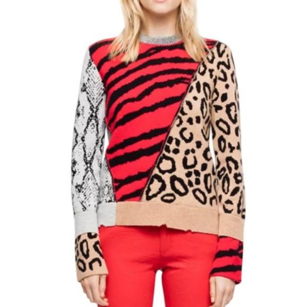Zadig & Voltaire Red and Tan Animal Print Sweater
